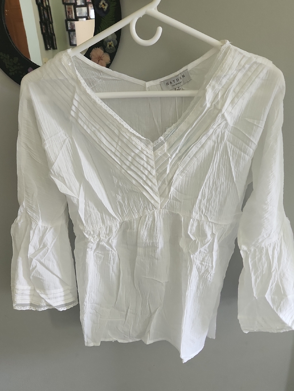 Hayden Small White V‑Neck Pintuck Peasant Blouse
